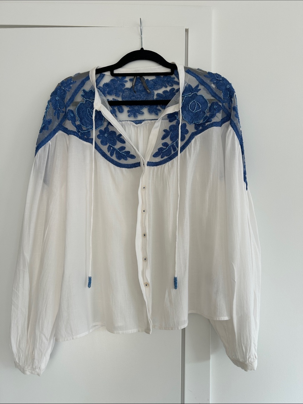 Anthropologie Long-Sleeve Two-Tone Lace Blouse | Blue embroidered